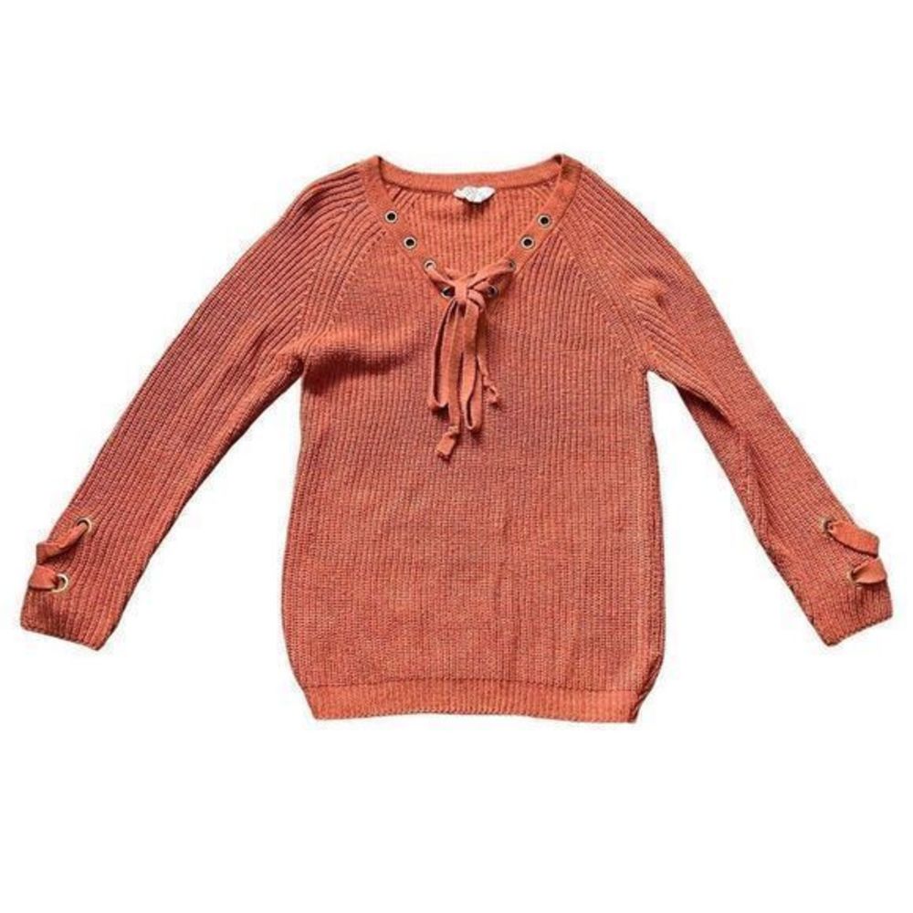 Sadie‎ & Love Rust Colored Lace-Up V-Neck Oversized Sweater Size Medium